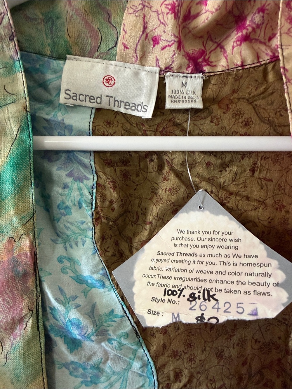 Sacred Threads Mixed Print India Silk BOHO Festival HIPPIE Kaftan Robe Womens M - Picture 2 of 4